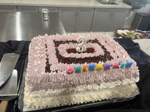 A rectangular cake with pink and white icing, a "3" candle, and colorful "celebrate" candles on top sits on a counter with serving utensils—perfect for a 3rd Anniversary event.