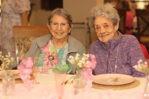 Two elderly women sit side by side at a decorated dining table with flowers and plates, smiling at the camera during a joyful Baby Shower Celebration.
