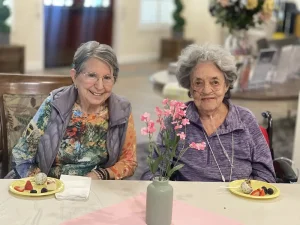 Two elderly women sit at a table with plates of dessert, smiling warmly. A vase of pink blossoms sits in the center, adding an artful touch to their cheerful moment.