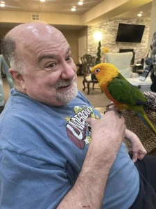 A man wearing a blue t-shirt sits indoors, smiling at a colorful parrot perched on his hand, recalling memories from his recent Exotic Animal Safari.