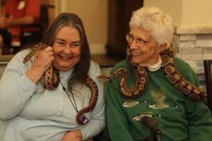 Two elderly women sit together indoors, each holding or wearing a snake; both are smiling and appear relaxed, as if sharing tales from an Exotic Animal Safari.
