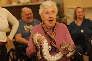 An elderly woman sitting and holding an exotic animal—a large snake—while other adults are seated and smiling in the background, creating a lively safari atmosphere.