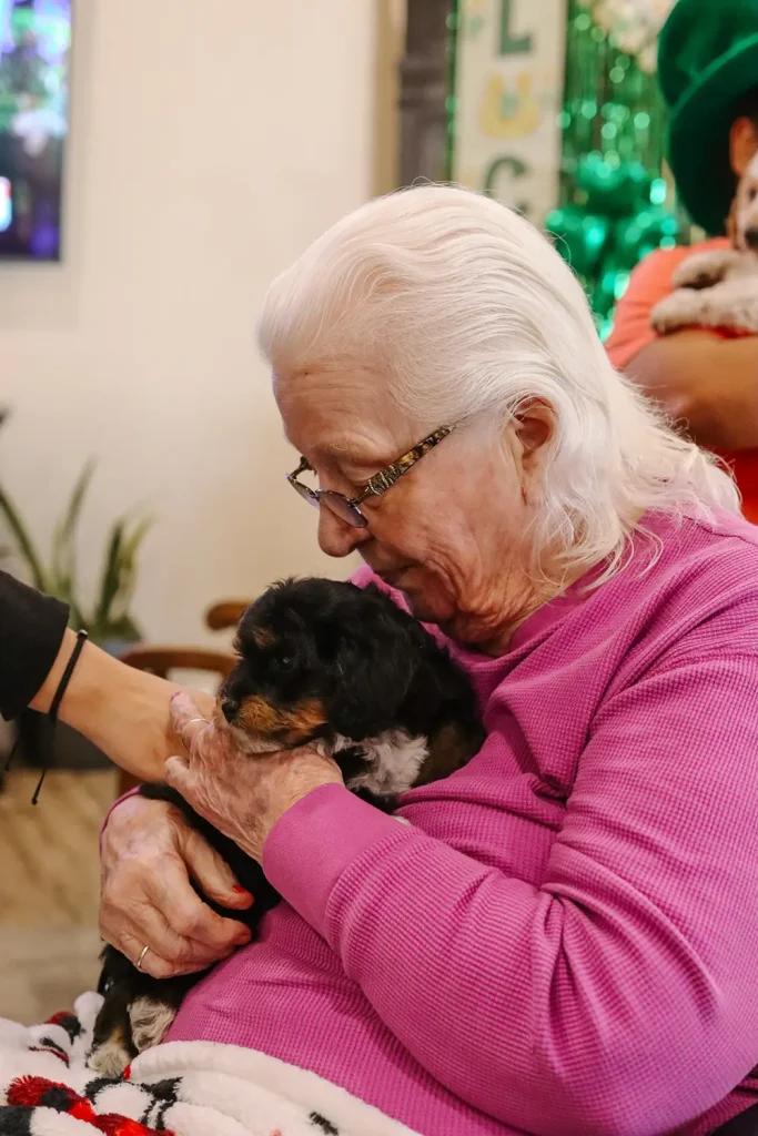 An elderly woman with white hair and glasses, wearing a pink top, sits and gently holds a small black and brown Doodle puppy in her arms, while another person reaches toward the adorable Ranch House Doodles pup.